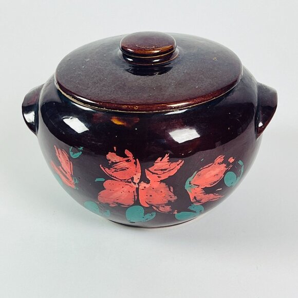 Vintage Ceramic Bean Pot With Lid & Handles Painted Floral Design USA - Picture 2 of 9